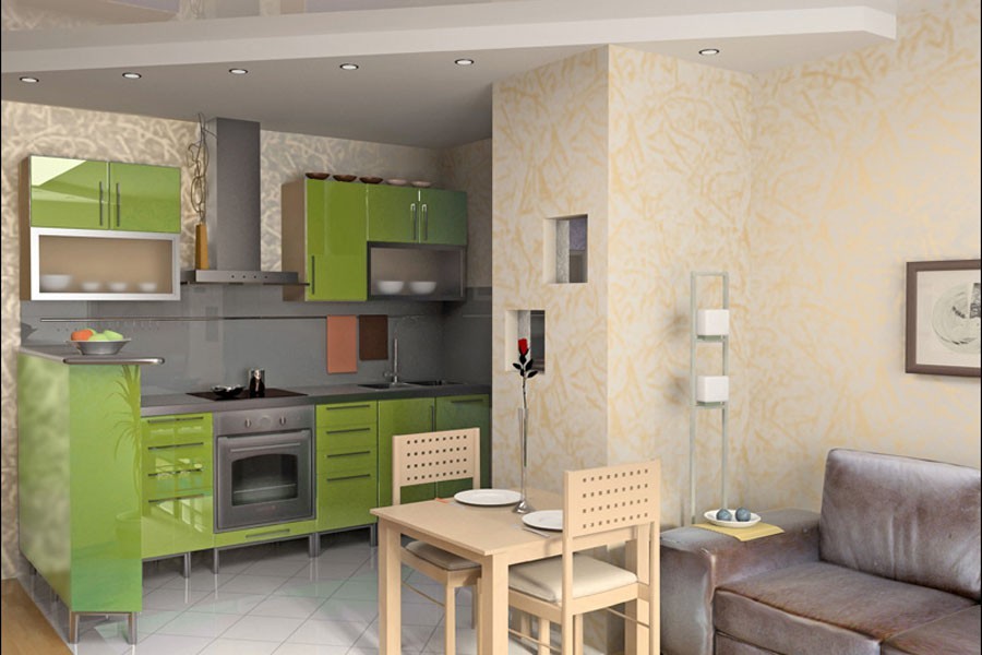 зеленый дизайн кухни с вентиляционным коробом