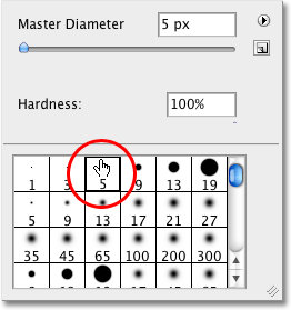 Selecting a brush from the Brush Preset picker in Photoshop. 