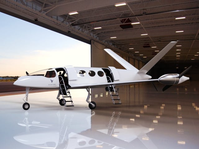 Figure 2. Carrying up to nine passengers is Eviation’s Alice Commuter, which made its debut (on the ground) at the Paris Air Show in June. Alice is powered by two wingtip propellers and one more (barely visible) on its tail. (Picture courtesy of Eviation)