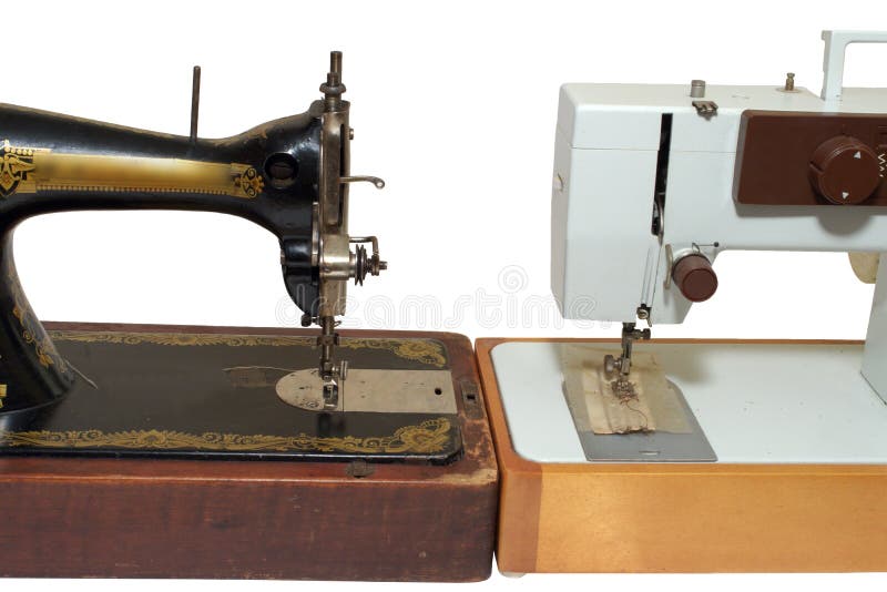 Old and new sewing machines, stand against each other. Mechanical vs electrical, vintage vs modern, concepts. isolated on white background, with clipping path stock images