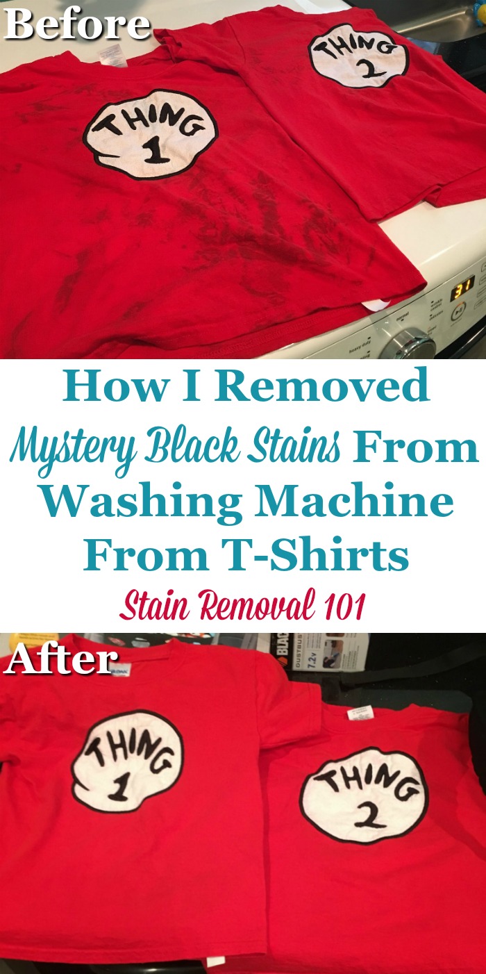 Black mystery stains caused by washer, and how they were removed from t-shirts, plus lots of other tips for removing a variety of washing machine stains {on Stain Removal 101} #StainRemoval #Laundry #LaundryTips